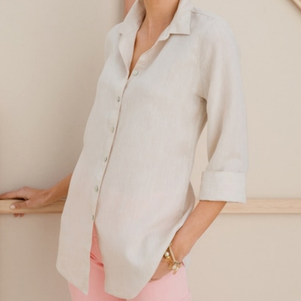 Chico’s No-Iron 100% Linen Button Front Closure Collar Shirt 3/4 Length Sleeves